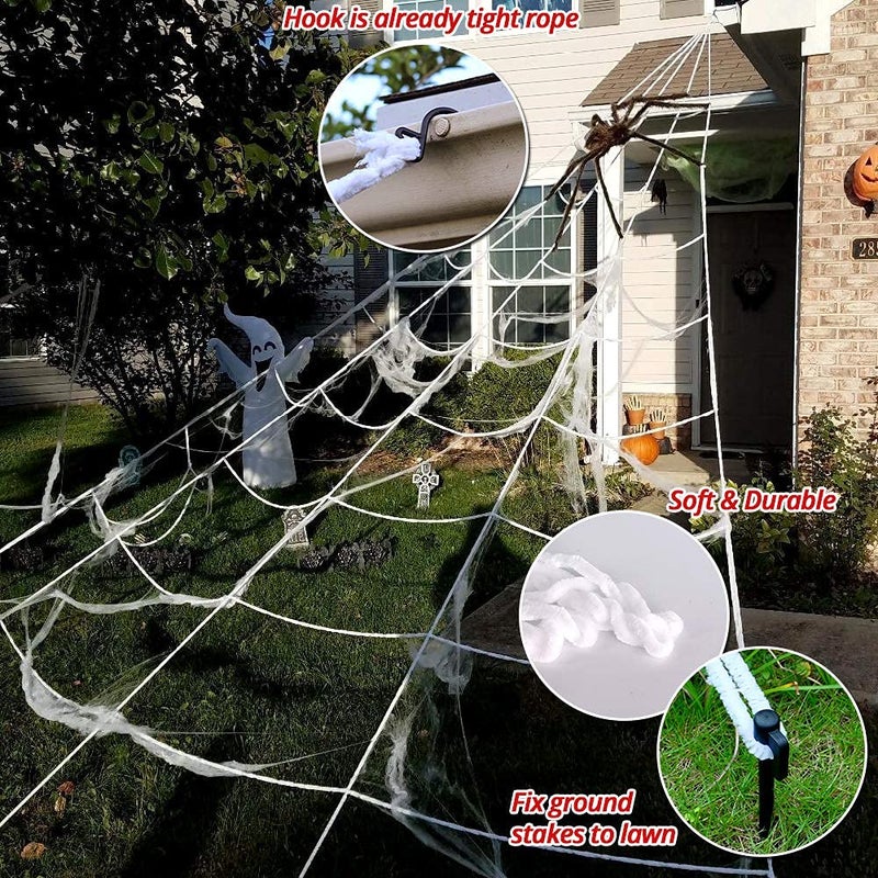 OCATO 200" Halloween Spider Web + 59" Giant Spider Decorations, Fake Spiders with Triangular Huge Spider Web, Indoor/Outdoor/Halloween Decorations/Yard/Home/Costumes Parties/Haunted House Decor, Black - Image 4
